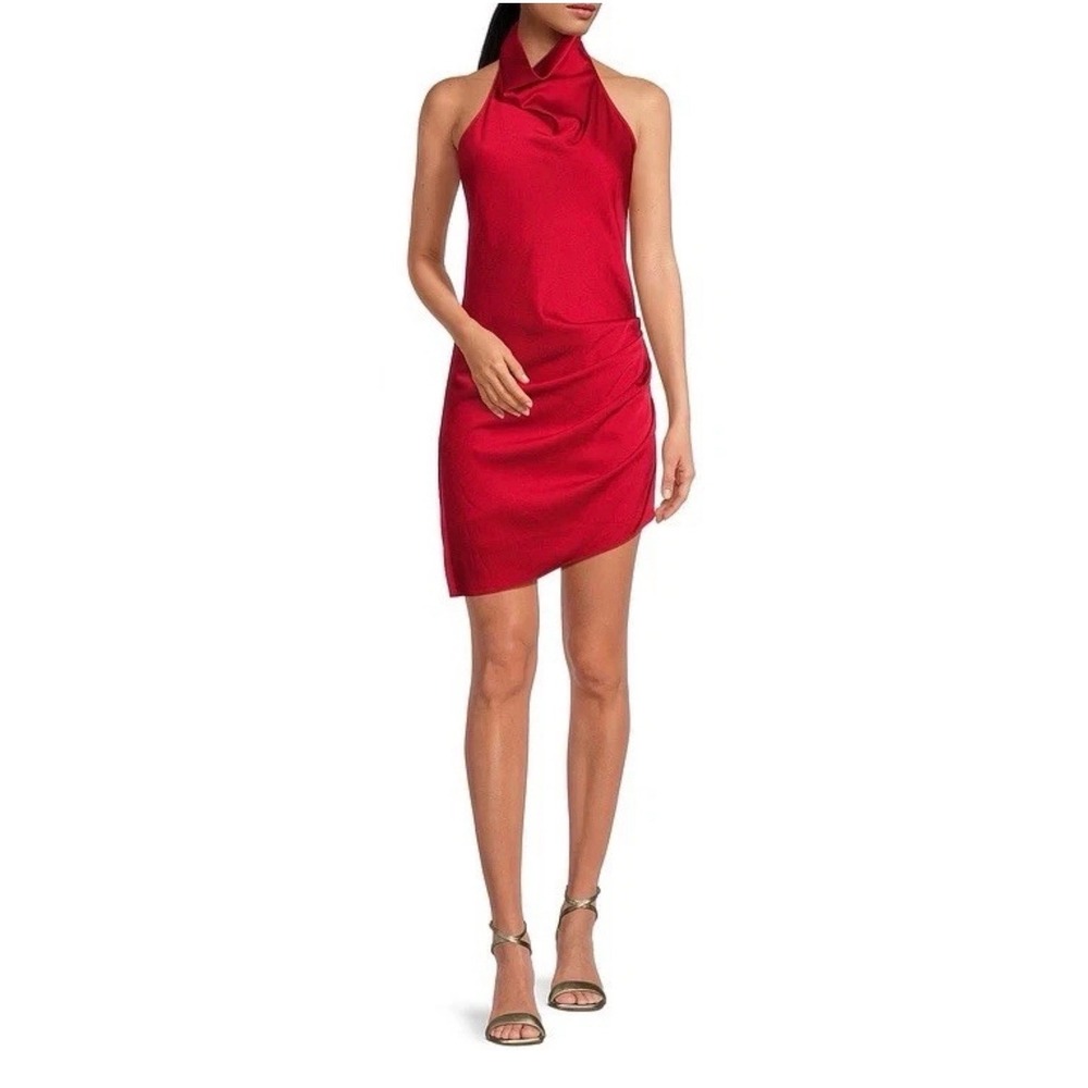 Gianni Bini Red Satin‎ High Cowl Neck Backless Mini Dress with Side Ruching NWT